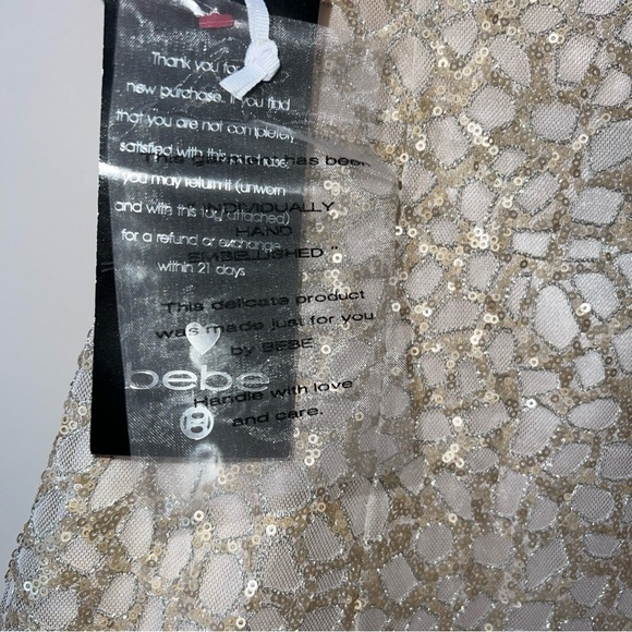 NWT Bebe Gold Cream Sequin Strapless Isis Feather Dress Women’s Medium New Tags - Picture 3 of 11